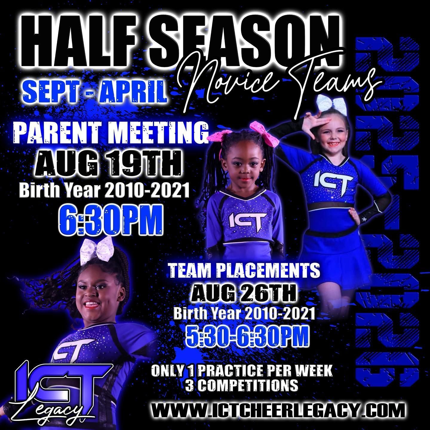 A poster for a cheerleading team that is half season.