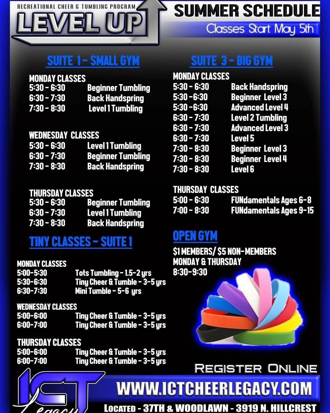 A summer schedule for level up classes starts may 5th