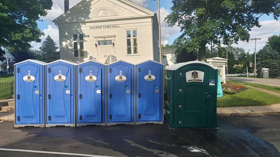 A row of blue and green portable toilets are lined up in front of a building.