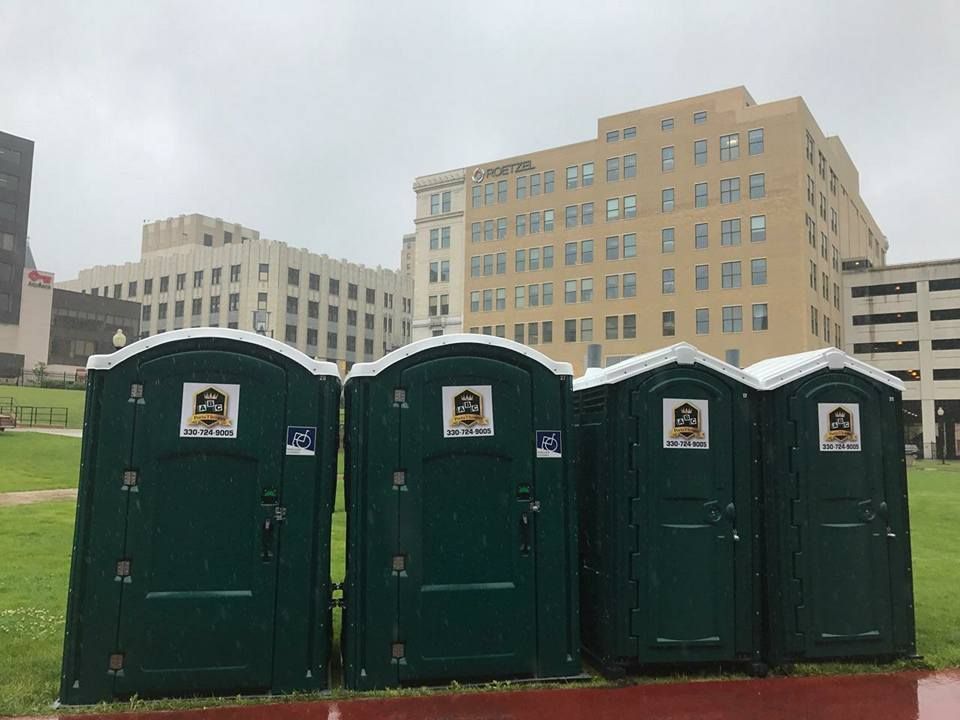 A row of green portable toilets are lined up in front of a large building.