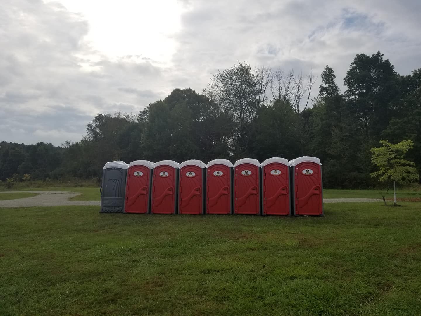 A row of portable toilets are lined up in a grassy field.