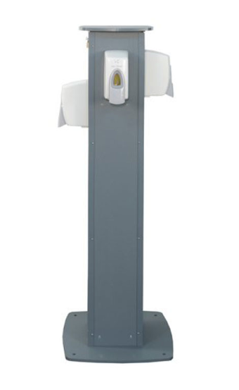 A gray pole with a hand sanitizer dispenser attached to it.