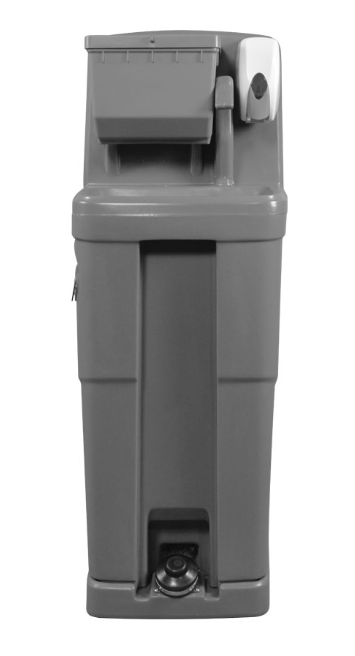 A gray plastic hand wash station with a foot pedal on a white background.