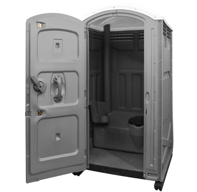 A portable toilet with the door open and a toilet inside.