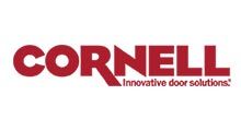 The cornell logo is red and white and says `` cornell innovative door solutions ''.
