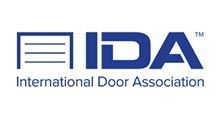 The logo for the international door association is blue and white.