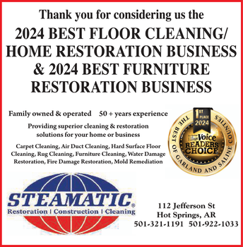 Advertisement for Steamatic, a restoration and cleaning business in Hot Springs, AR, highlighting its awards and services.
