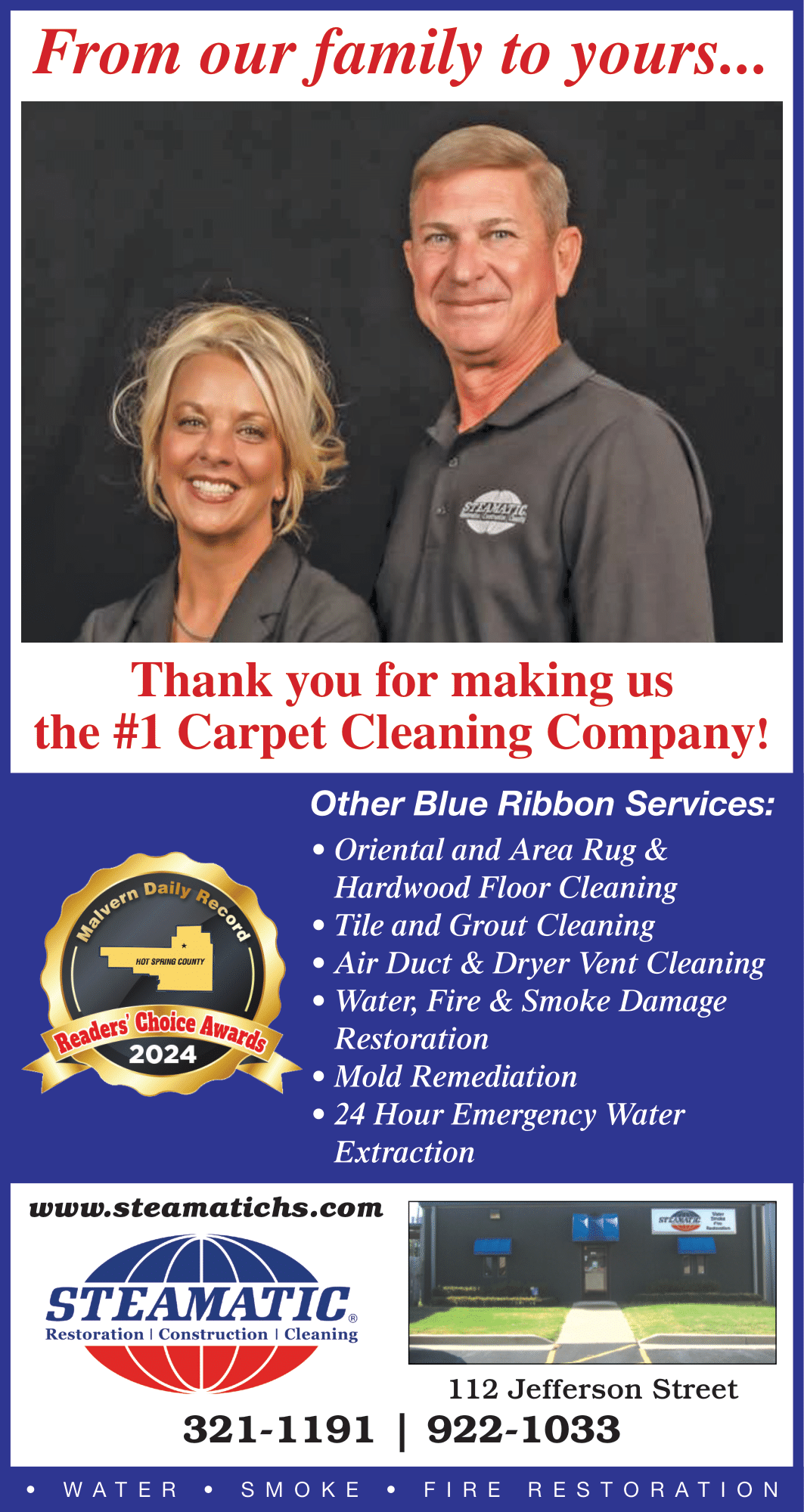 Couple in a carpet cleaning ad. Text reads, From our family to yours. Services include water extraction.
