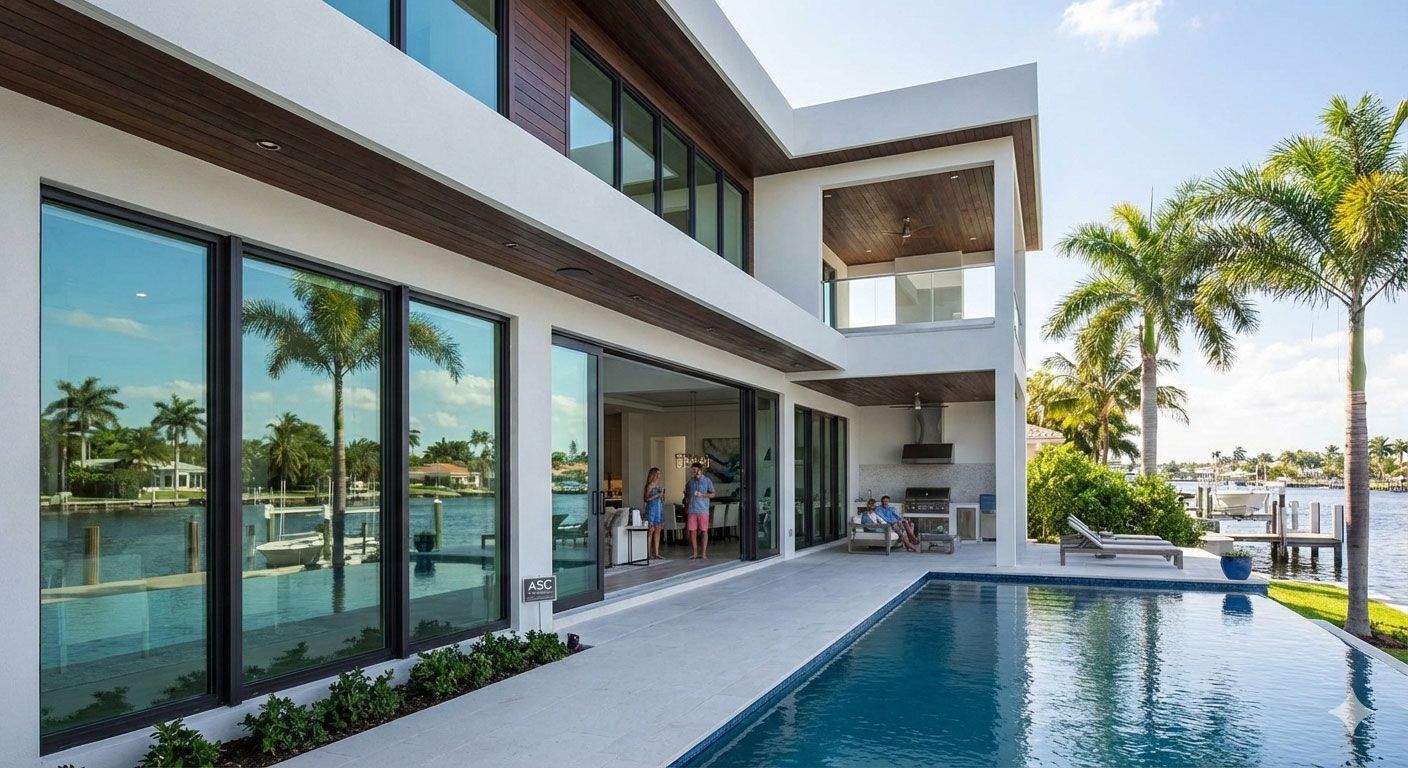 Modern luxury villa with a pool, glass walls, and palm trees overlooking the water