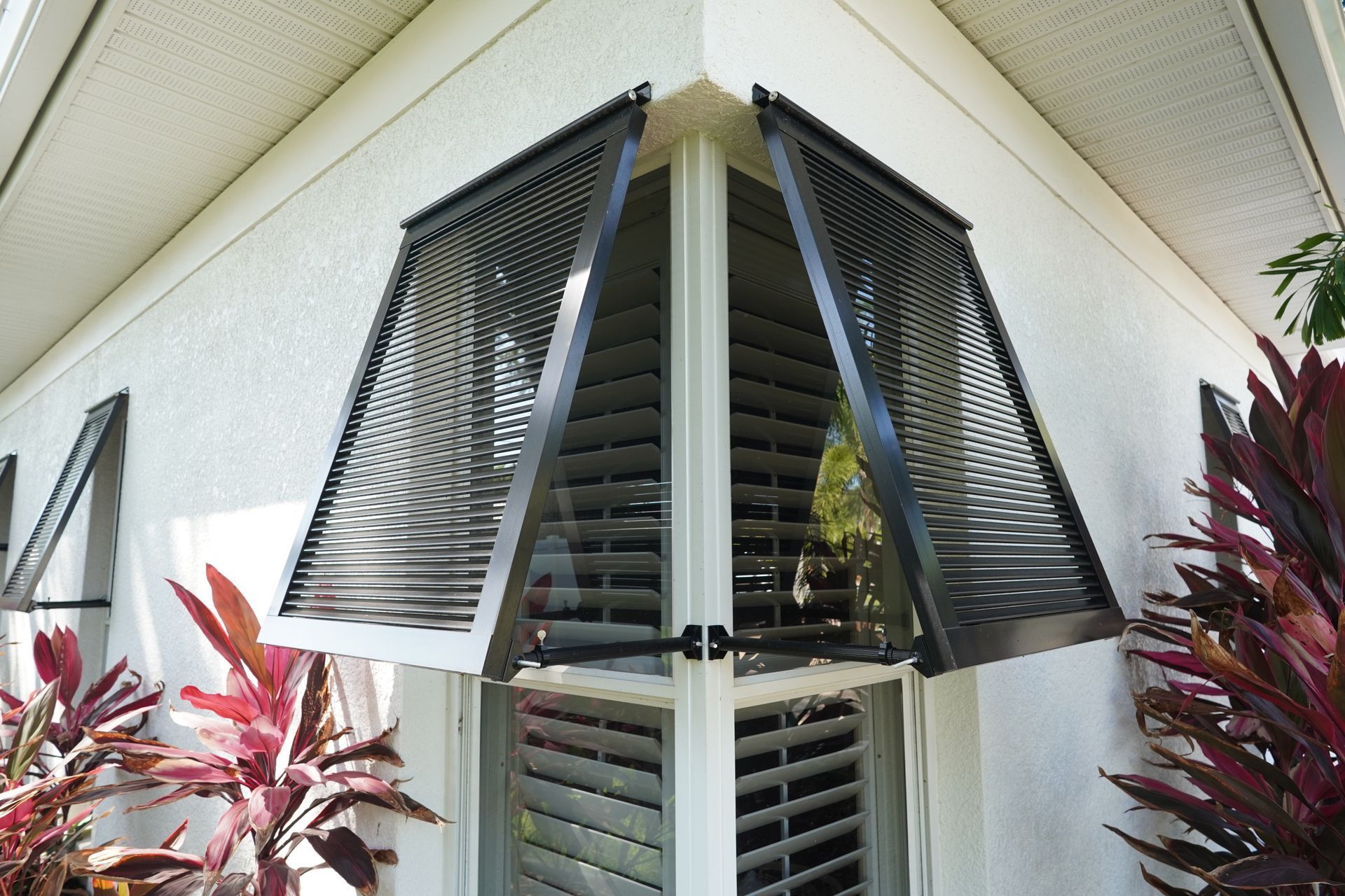 White house corner with open black louvered shutters and tropical plants