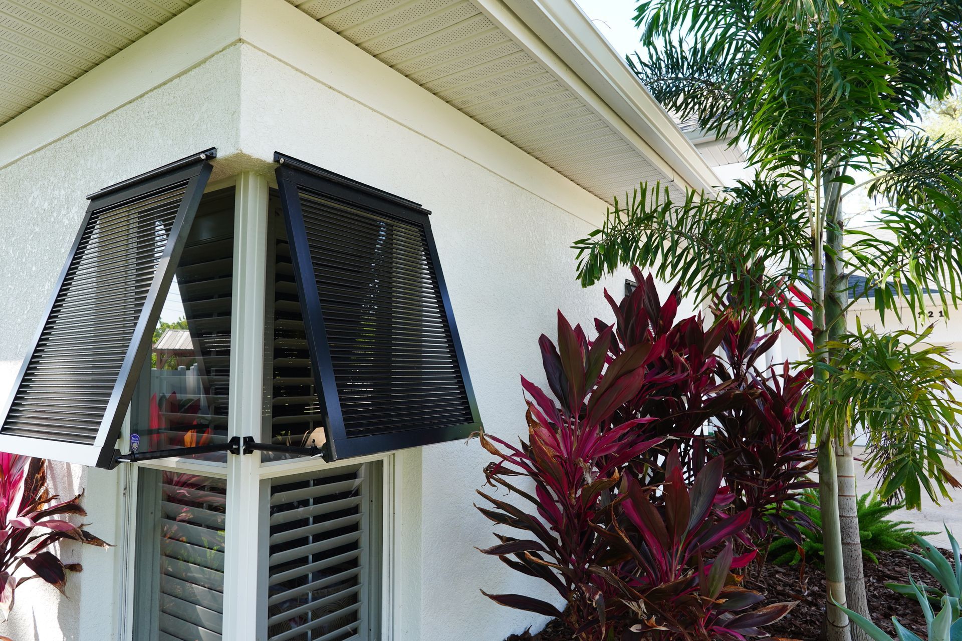 Black shutters on an open window beside tropical plants on a white house exterior