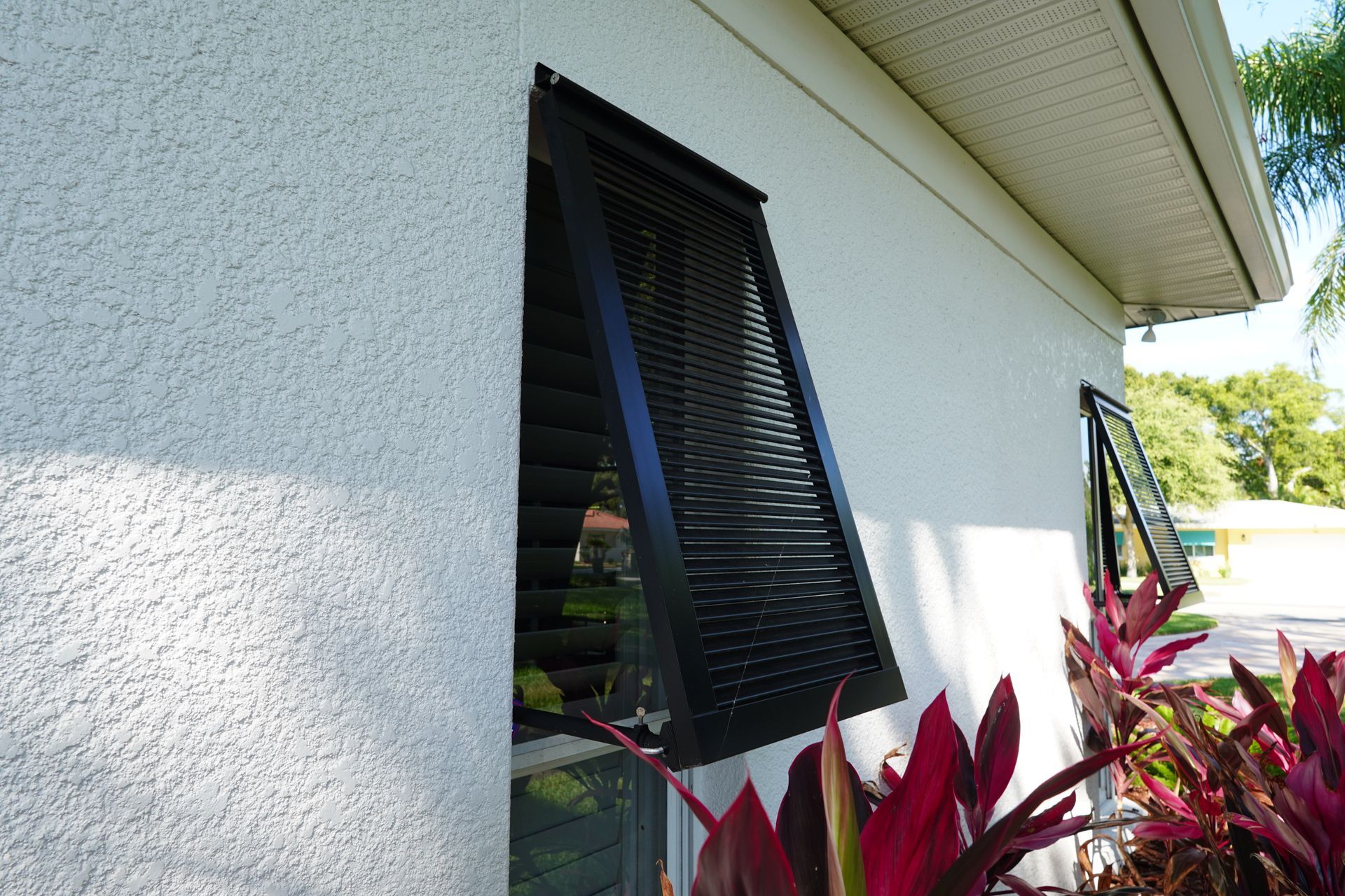 White stucco house exterior with a black louvered window and red plants in the foreground
