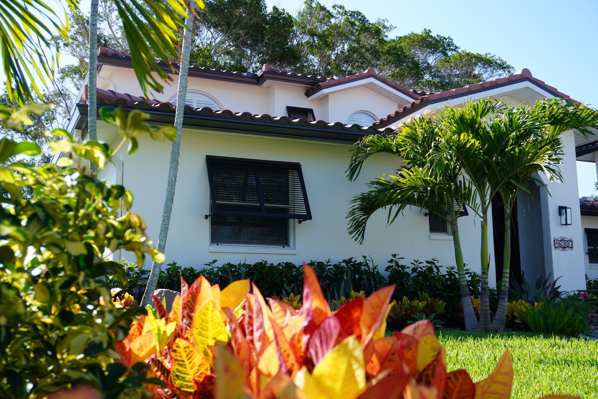 White house with dark roof, black windows, and lush tropical plants in front under bright sunlight