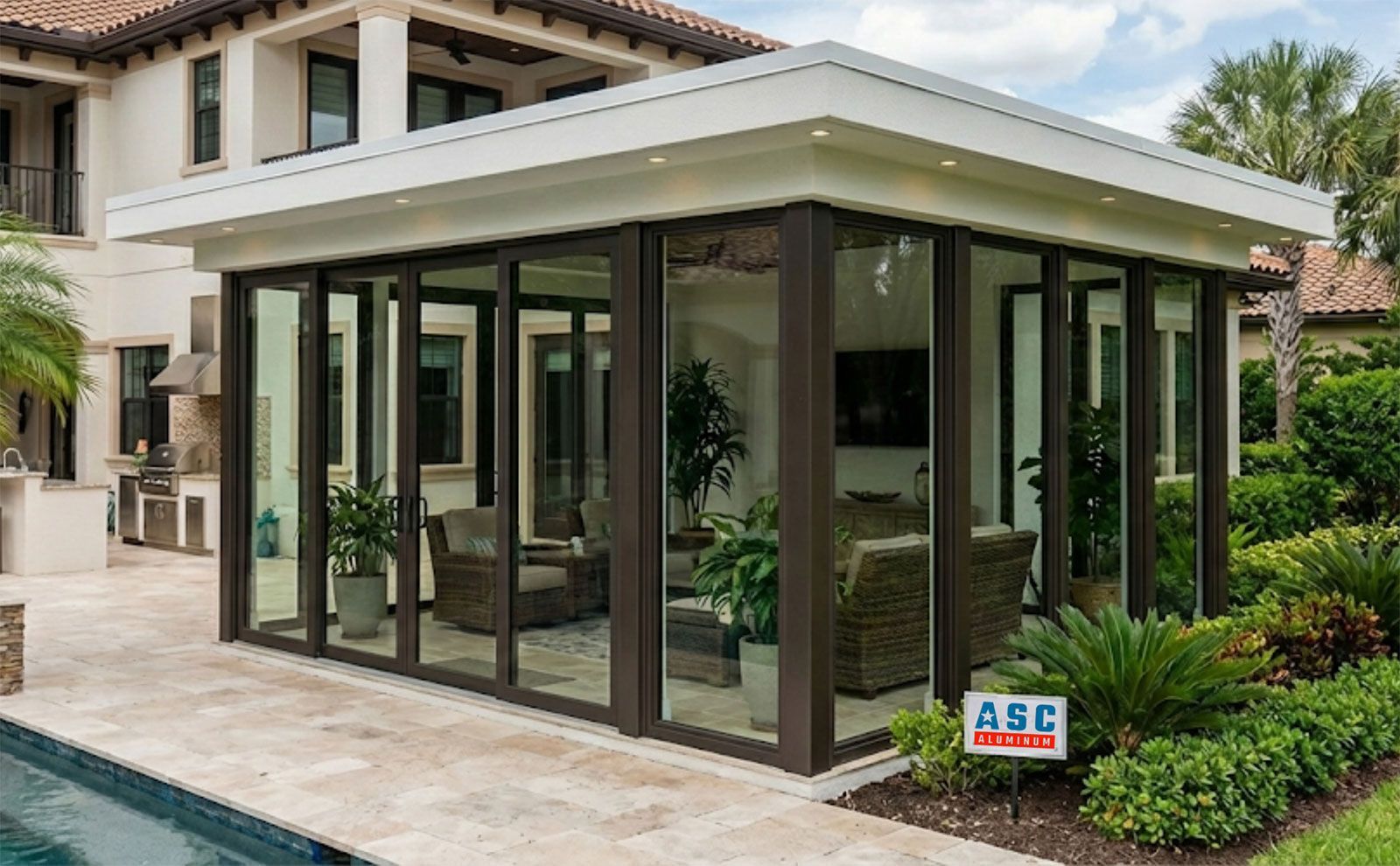 Glass sunroom addition on a house with dark-framed windows and a tiled roof