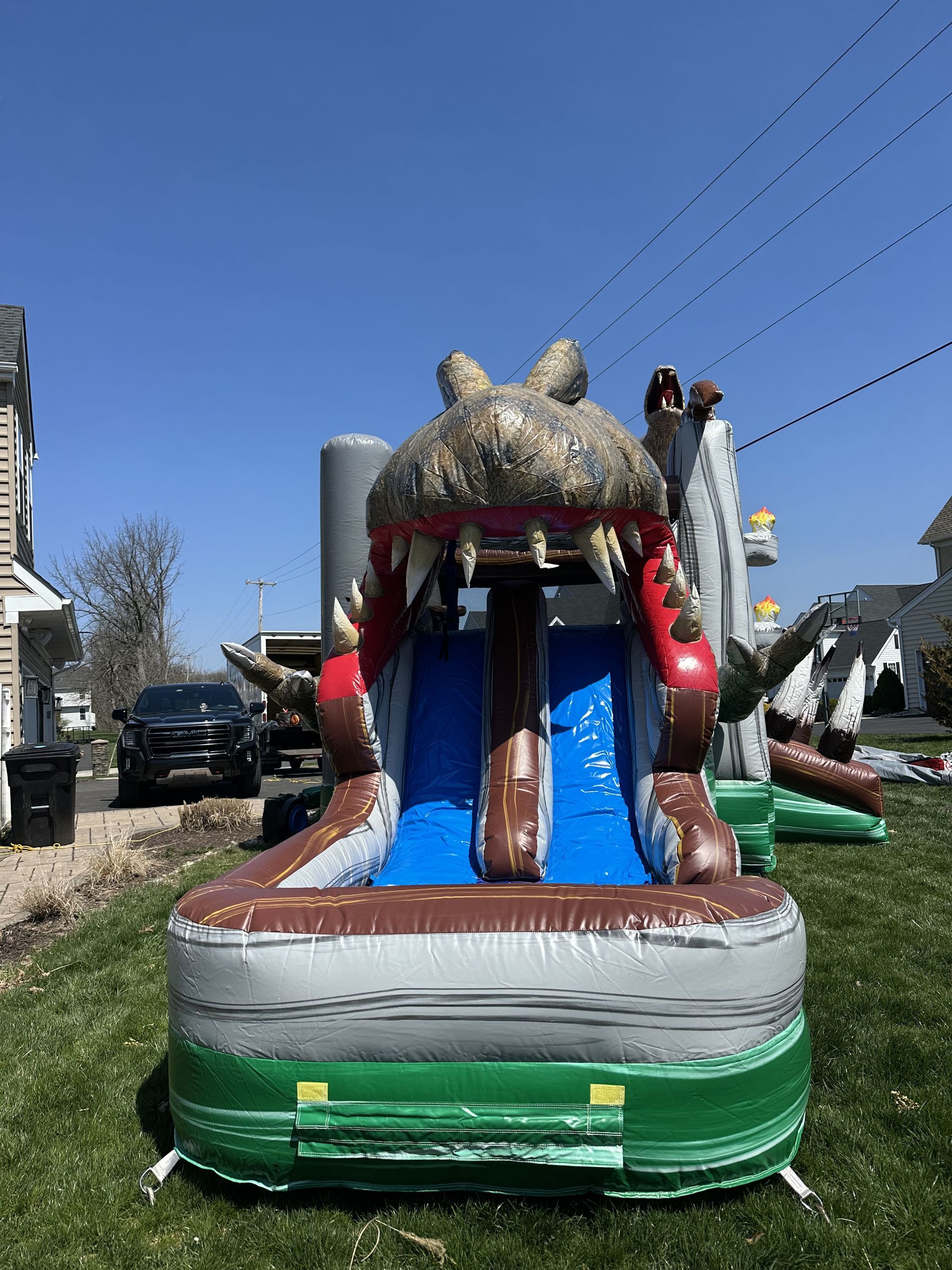 Inflatable dragon slide in a grassy outdoor area under a clear blue sky