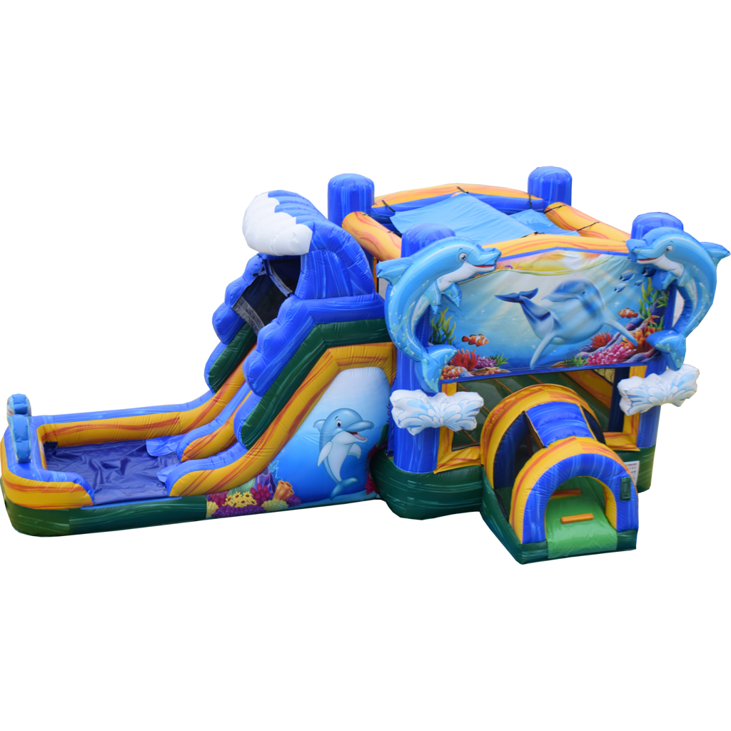 Colorful inflatable water slide with shark-themed front and blue, yellow, and green sections