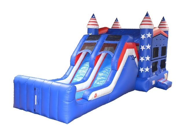 Blue, red, and white inflatable slide with patriotic castle design.