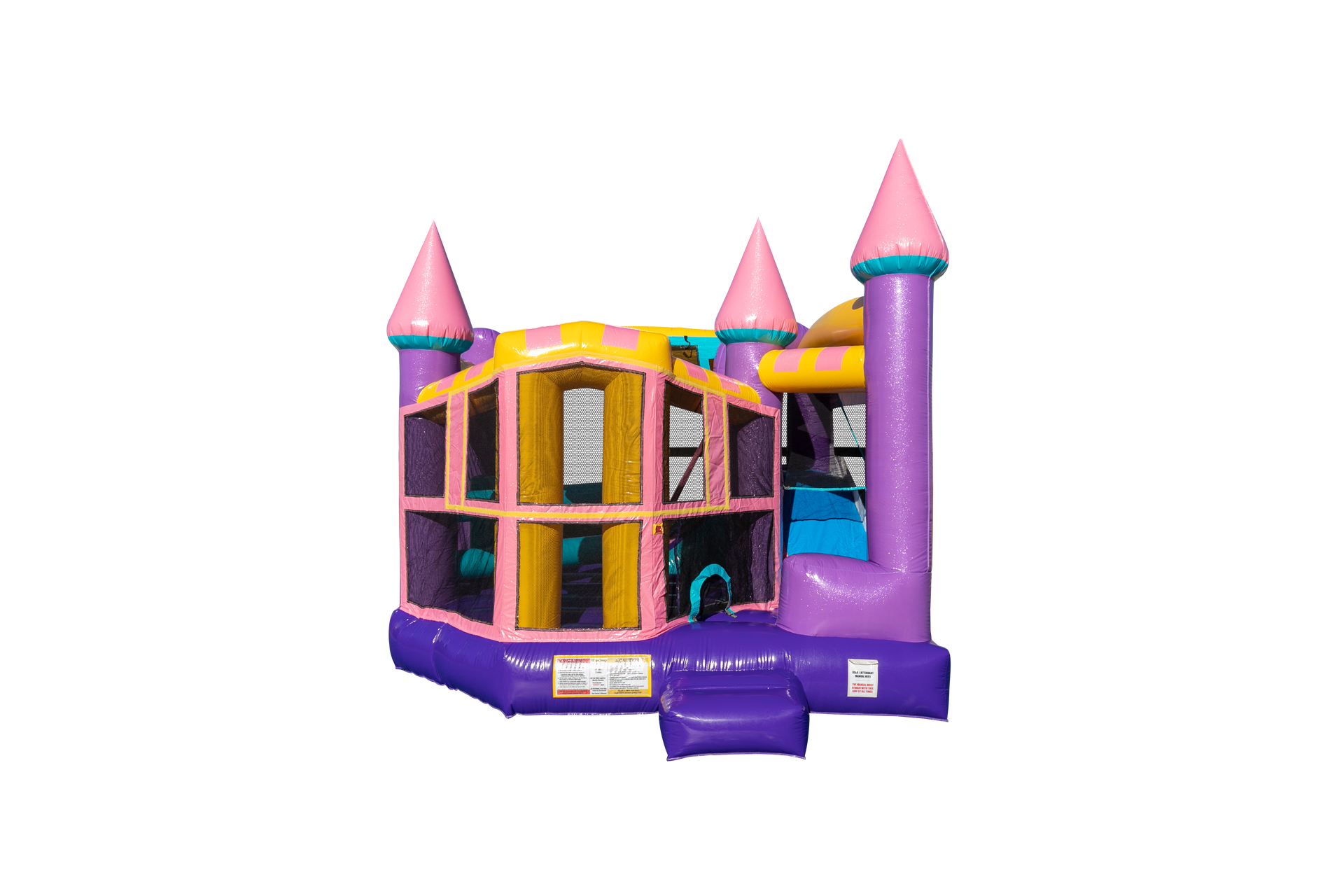 Purple and pink inflatable bounce house shaped like a castle.