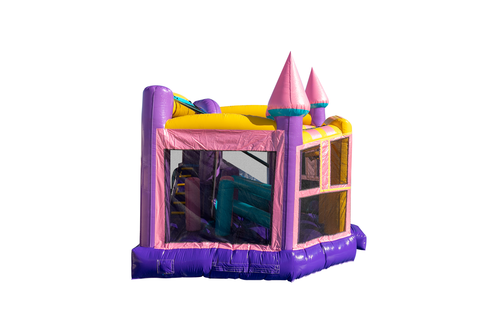 Purple, pink, and yellow inflatable princess castle bounce house.