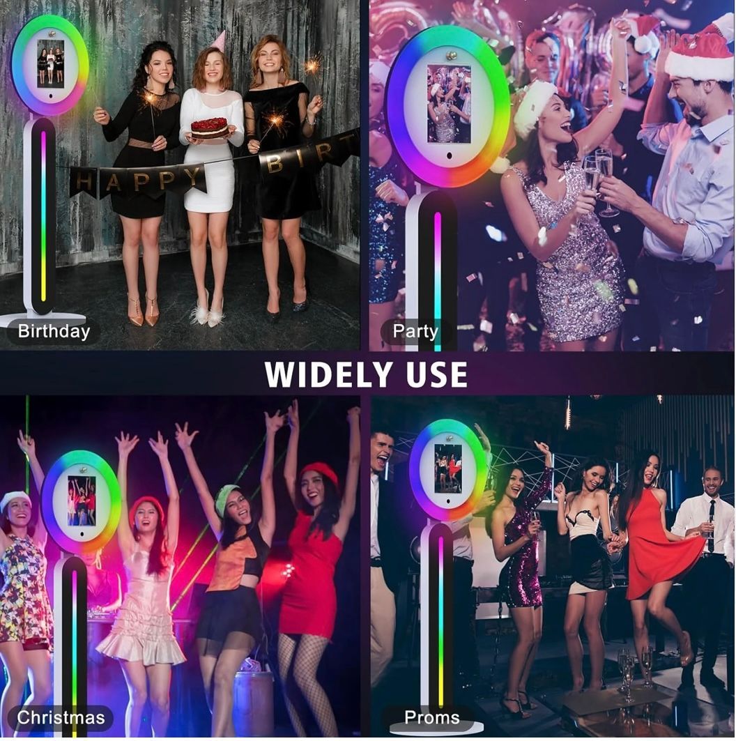 Photo booth scenes: birthday, party, Christmas, prom. People posing, dancing; booths illuminated.