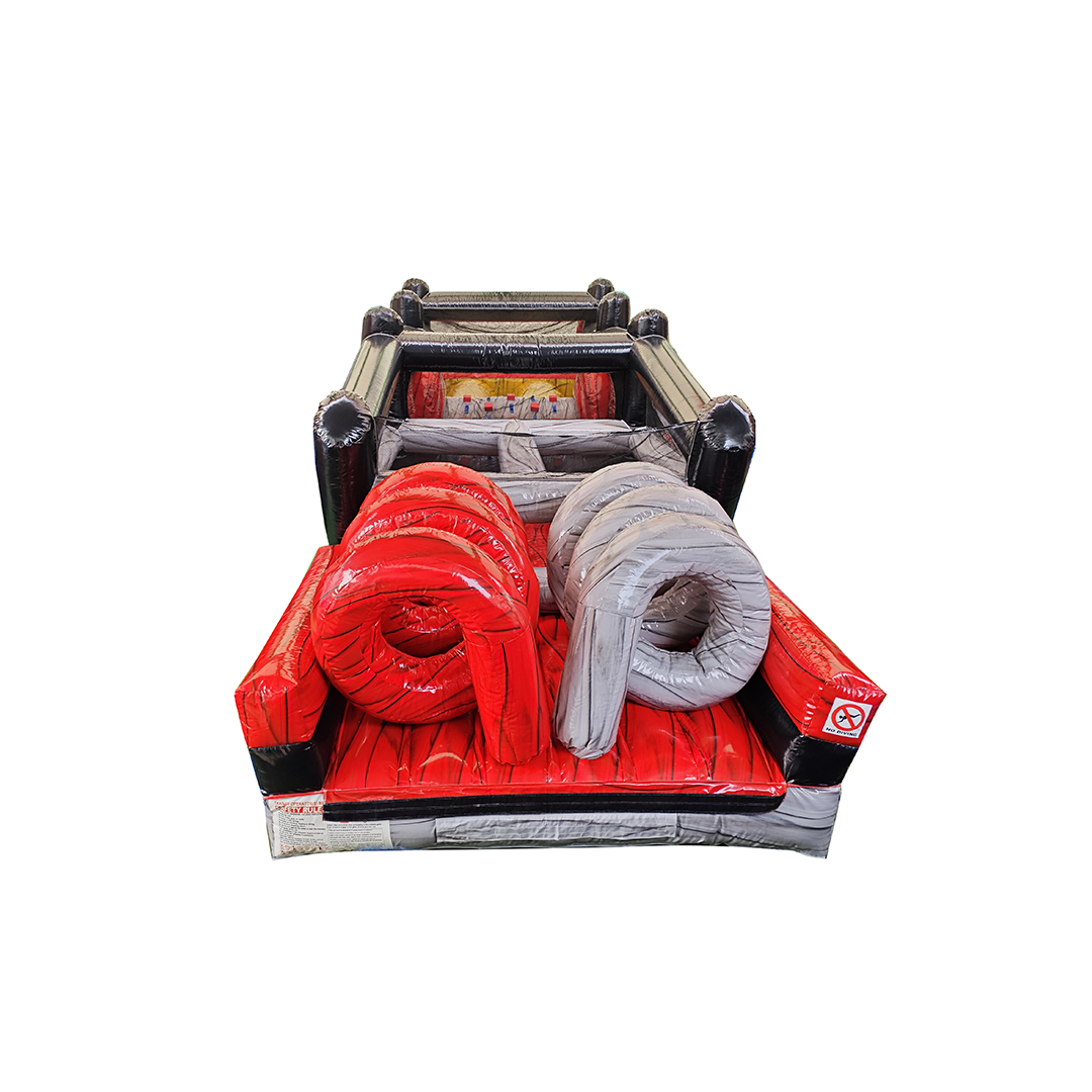 A red and black inflatable obstacle course featuring two large circular structures at the front.