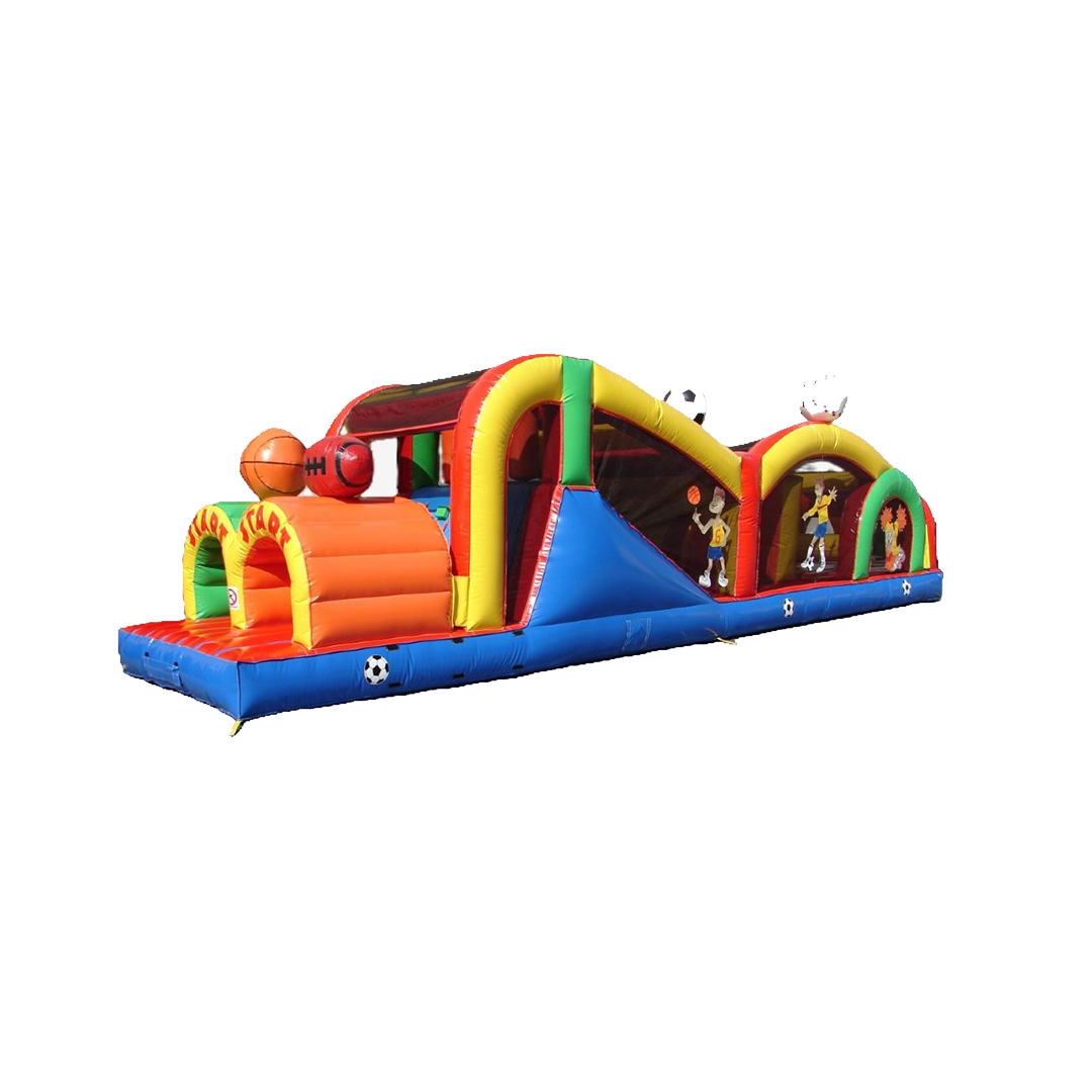 A colorful, multi-section inflatable obstacle course featuring tunnels, a slide, and sports-themed graphics.