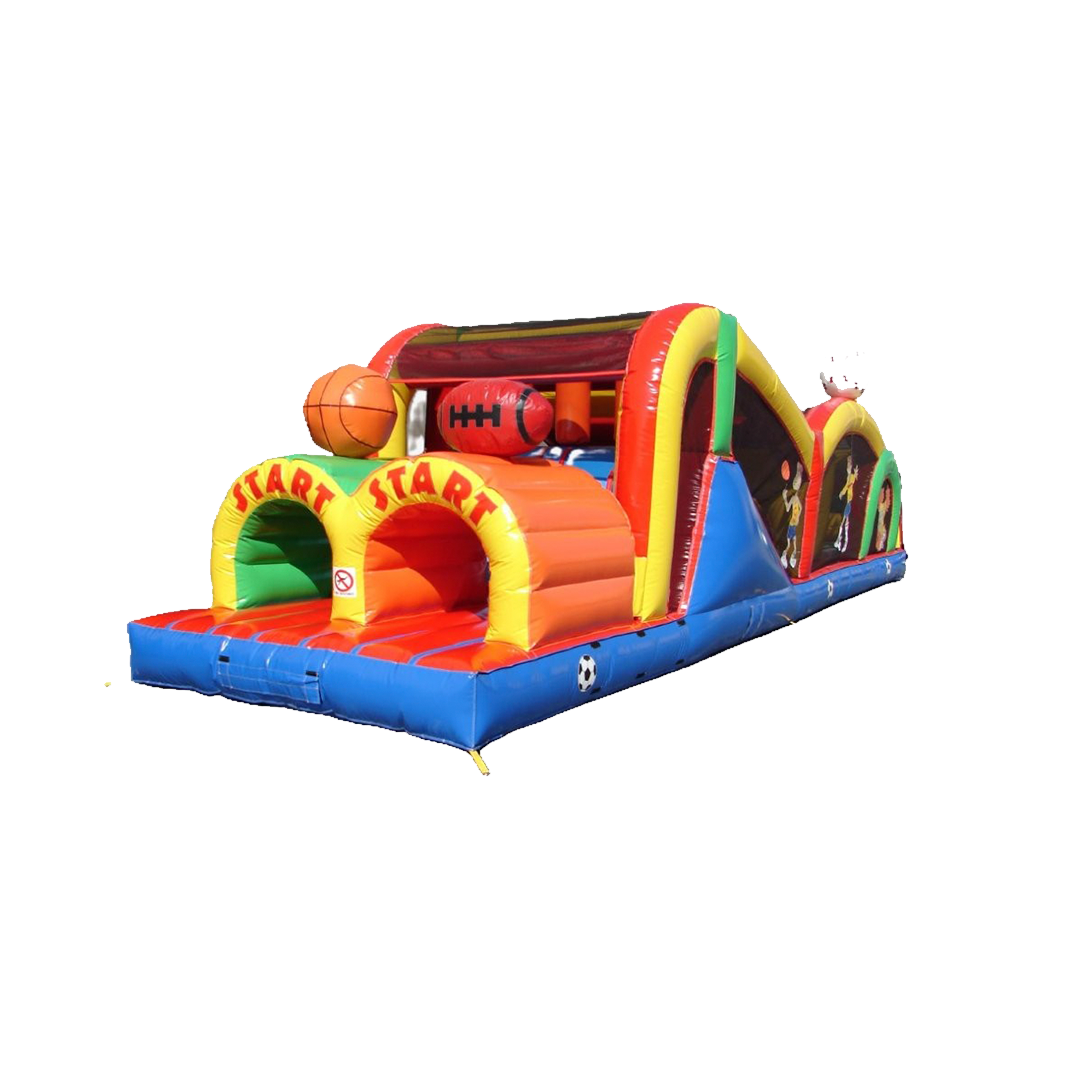 A brightly colored inflatable sports-themed obstacle course with tunnels, a basketball, and a football on top.