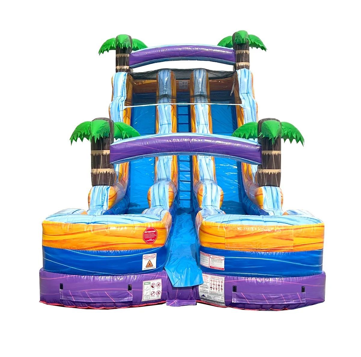 Blue and purple inflatable water slide with palm tree accents and twin side slides