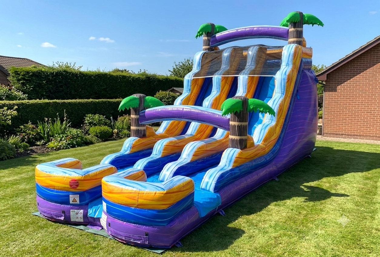 Colorful inflatable dual-lane slide and bounce area set up on a grassy lawn beside a house
