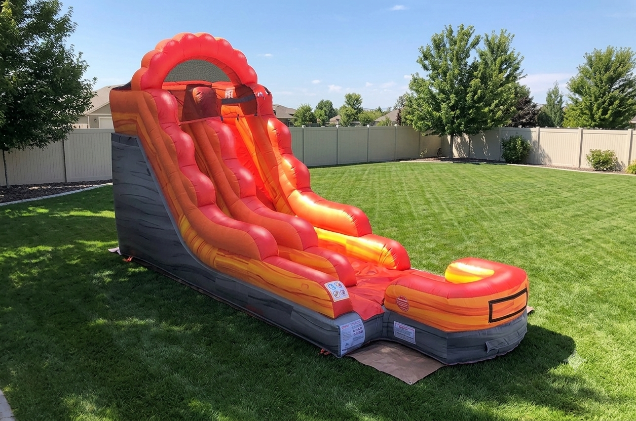 Bright orange and red inflatable slide in a sunny backyard with green grass and a wooden fence.