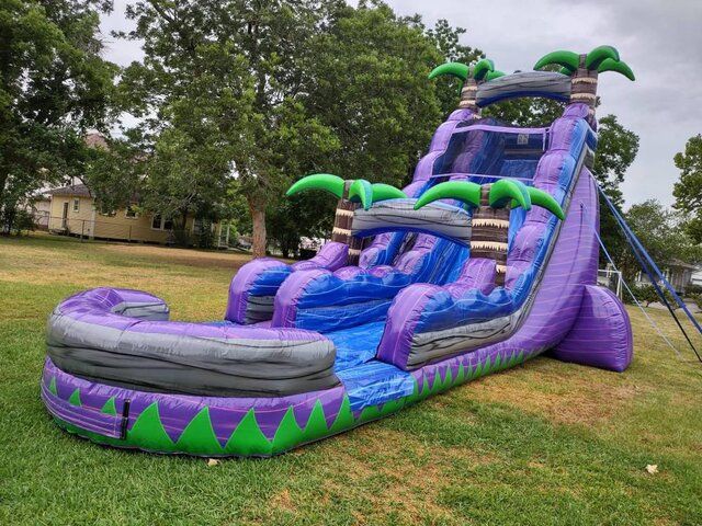 Purple and blue inflatable water slide with green palm trees on a grassy lawn outdoors