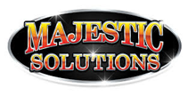Logo for Majestic Solutions, featuring orange-yellow text on a black oval with a silver outline and light streaks.