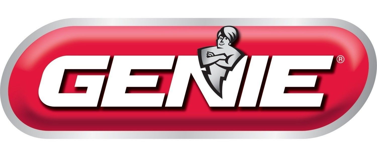 Genie logo on a red rounded rectangle with white text and a small genie figure