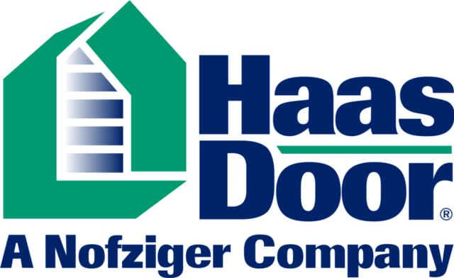 Haas Door logo with green house icon and blue text “Haas Door,” “A Nofziger Company” beneath