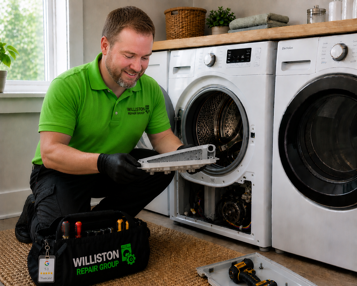 Two front-loading washing machines in a bright laundry room, one white and one beige.