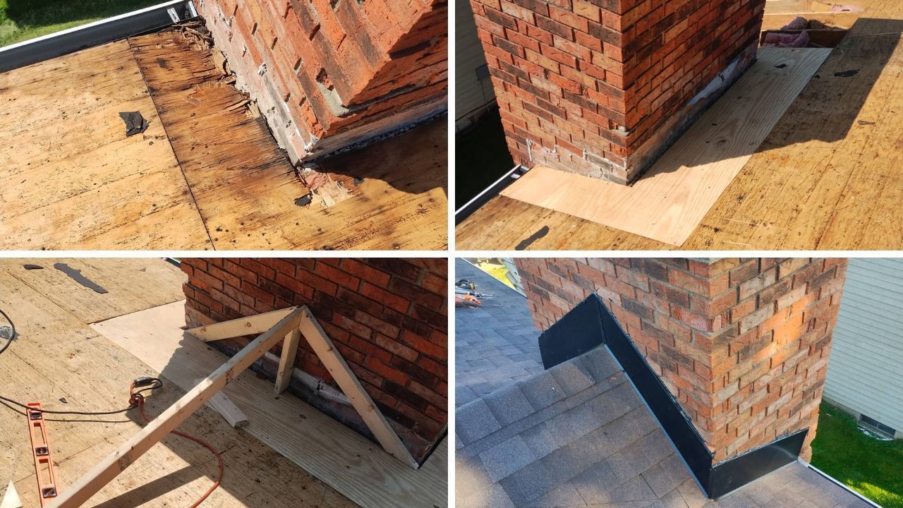 Four views of chimney flashing repair on a wood shingle roof.