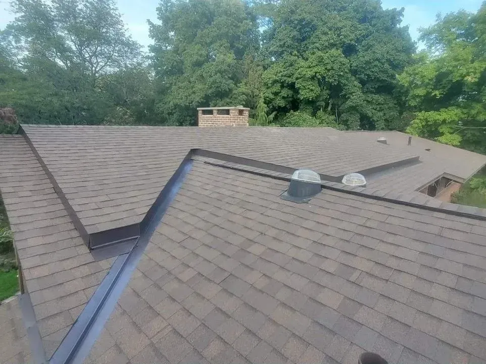 Brown shingled roof with a chimney and vents, surrounded by green trees under a blue sky.