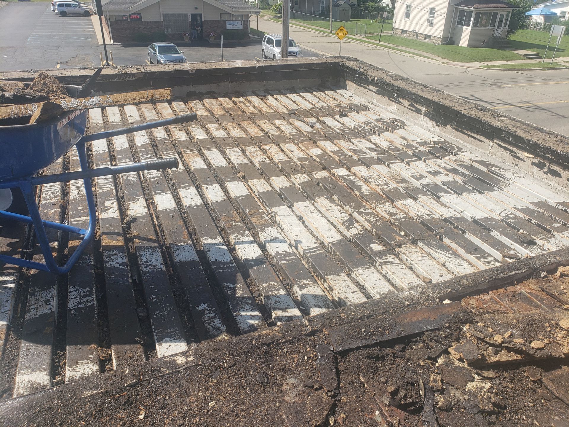 A staircase is being built on the roof of a building.