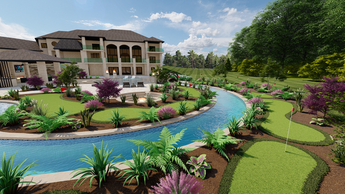 An artist 's impression of a large house with a river running through it.