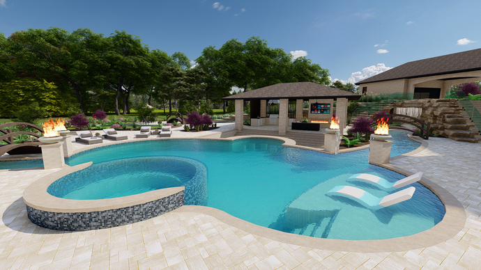 A large swimming pool with a hot tub and a gazebo in the backyard of a house.