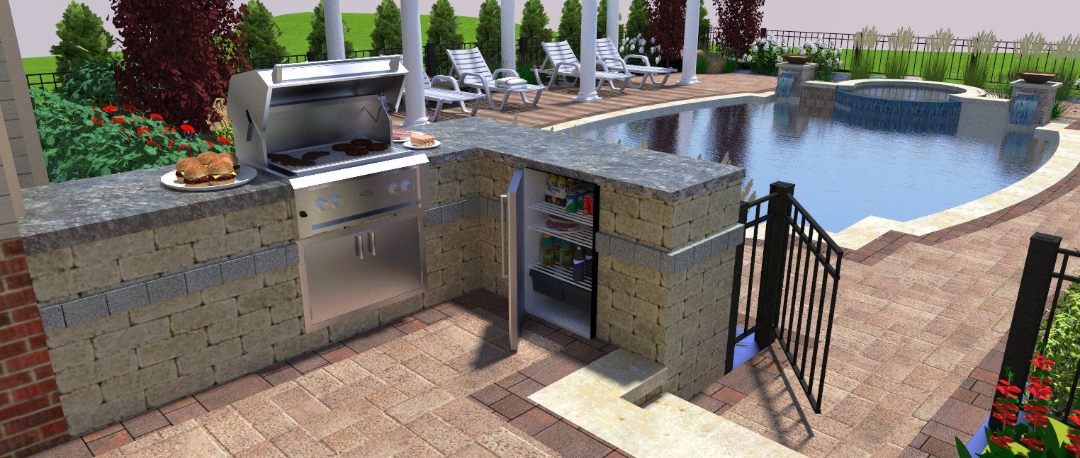 a 3d rendering of an outdoor kitchen with a pool in the background .
