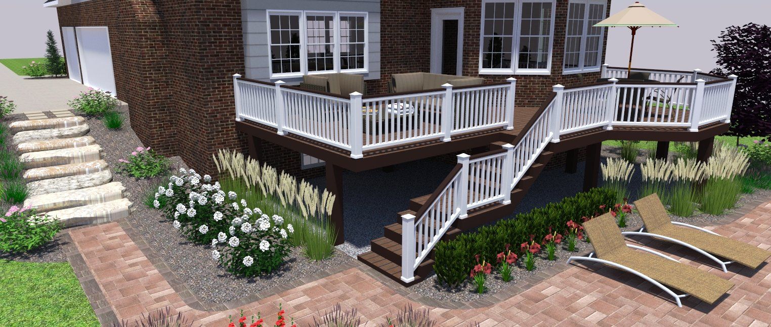 a 3d rendering of a house with a large deck and stairs leading to it .