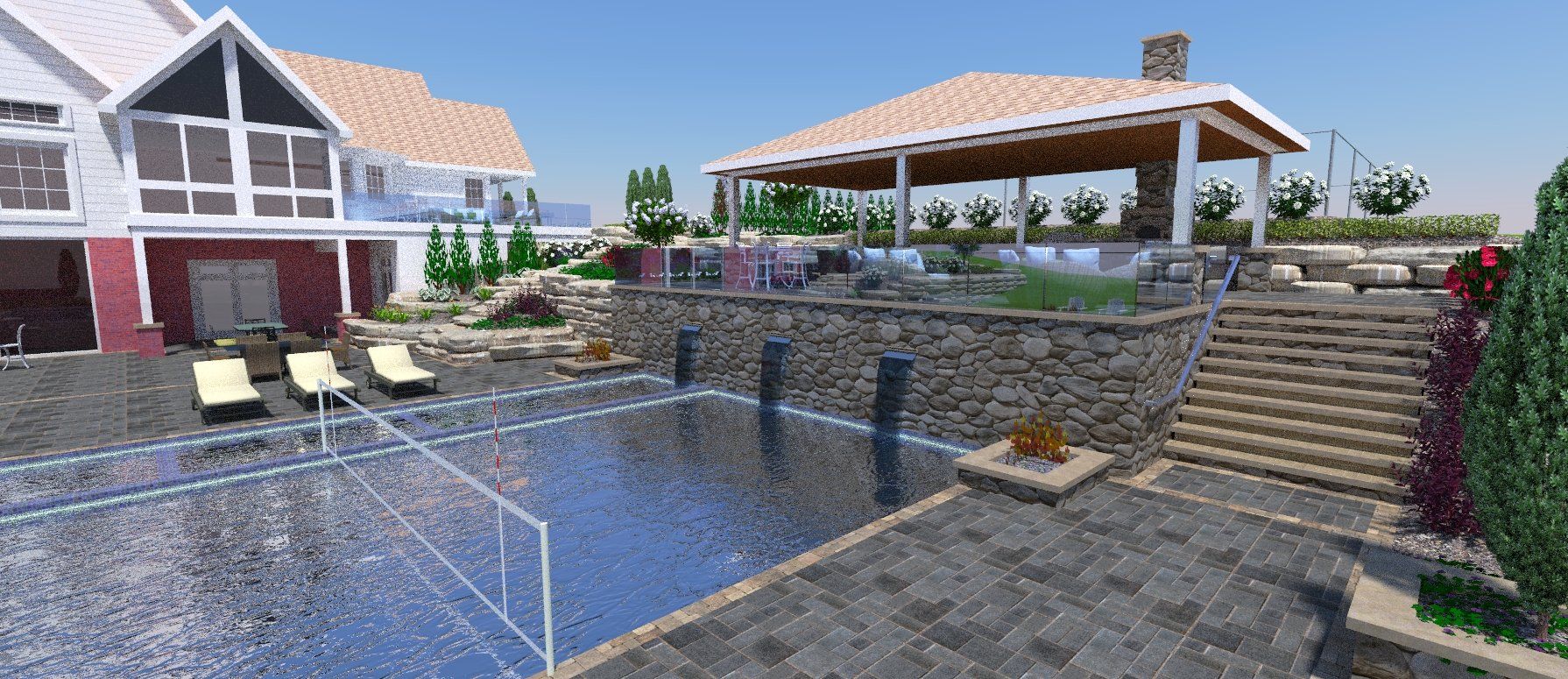 a large house with a swimming pool in front of it .