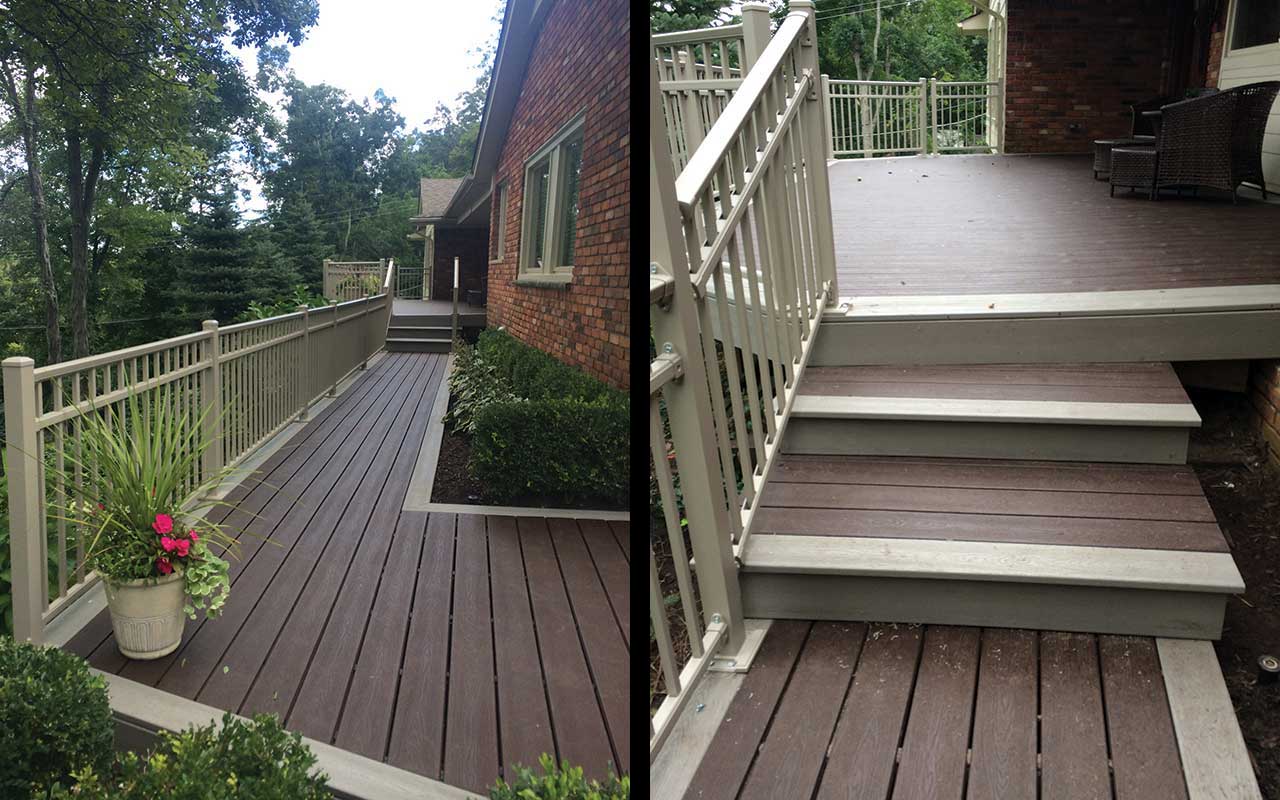 a wooden deck with stairs leading up to it