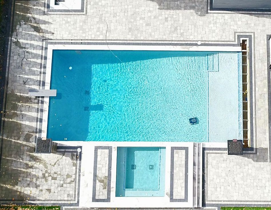 An aerial view of a large swimming pool