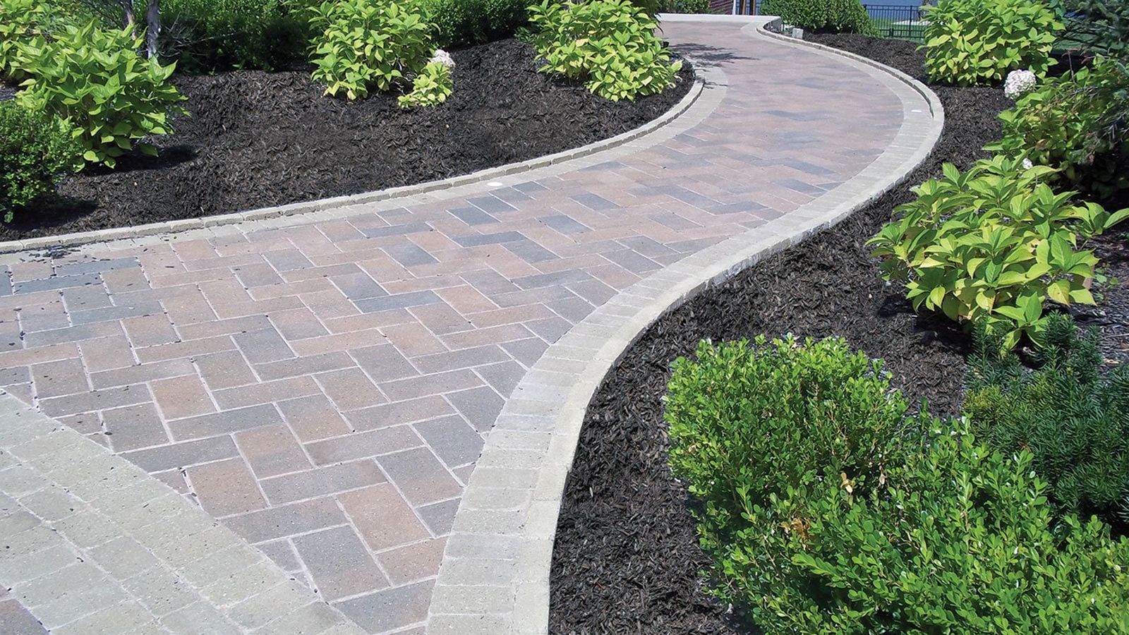 A brick walkway is surrounded by trees and bushes.