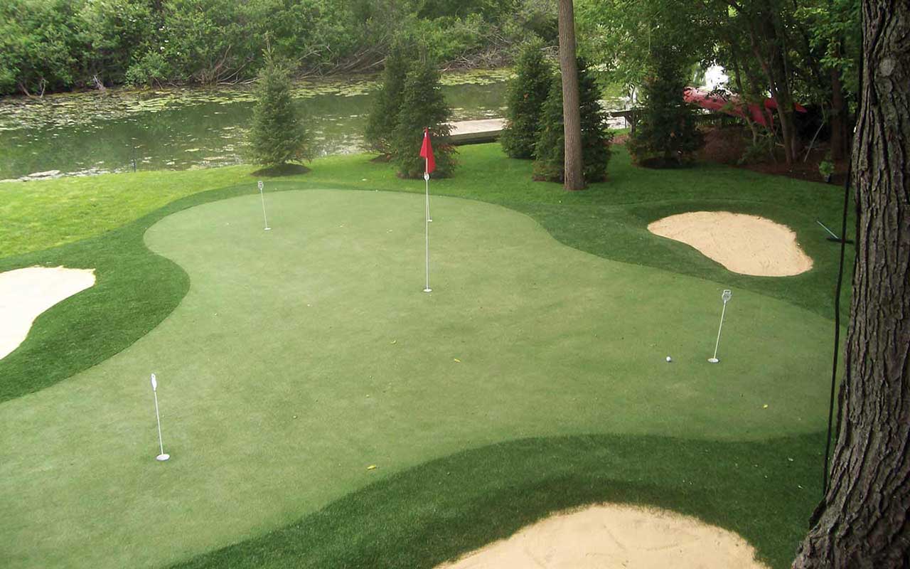 a person is standing on a golf course next to a tree .