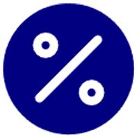 Blue circular icon with a white percent symbol and two small white dots