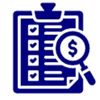Blue clipboard checklist with a magnifying glass showing a dollar sign