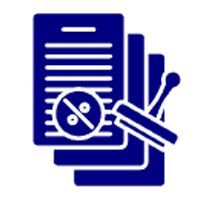 Blue editing tools over stacked documents with a percentage icon, suggesting document review or formatting.